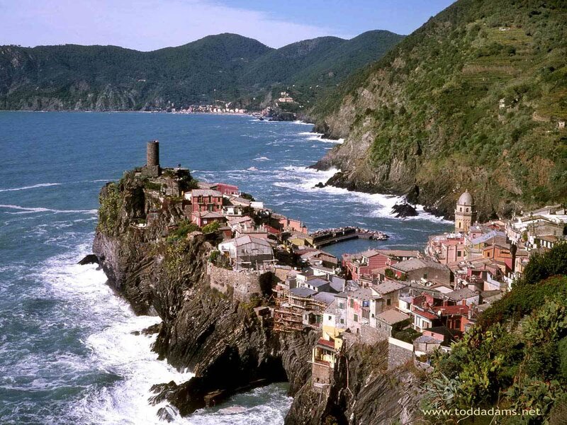 Cliffside Village by Sea — Blue, Serene, Afternoon, Photograph, Mountains, Buildings