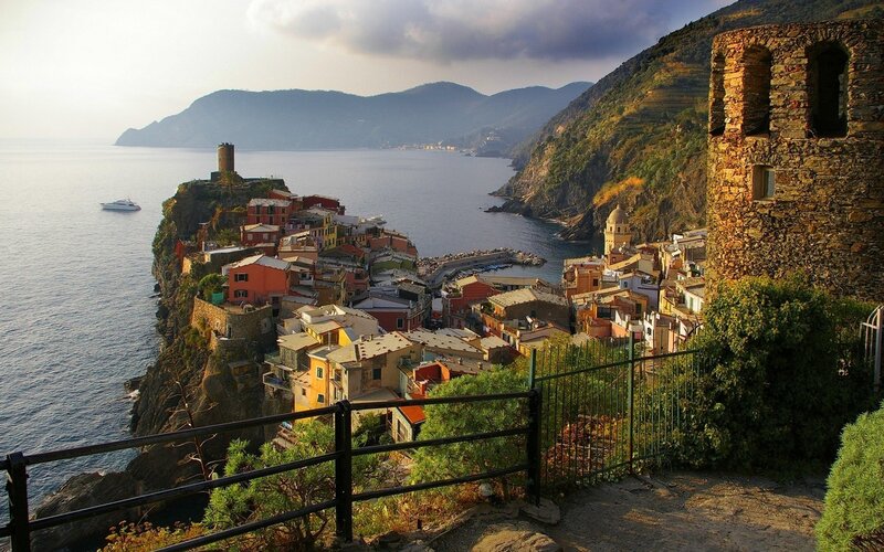 Cliffside Village by Sea — Blue, Serene, Sunset