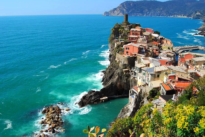 Cliffside Village by Sea — Blue, Serene