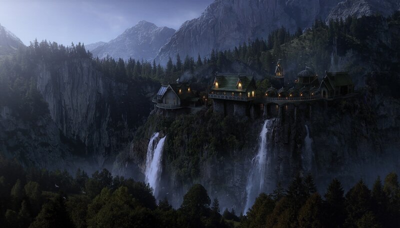Cliffside Village — Green, Dramatic, Night, Digital Art, Mountains