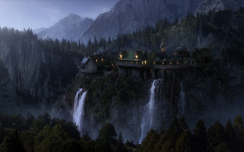 Cliffside Village — Green, Dramatic, Night, Digital Art