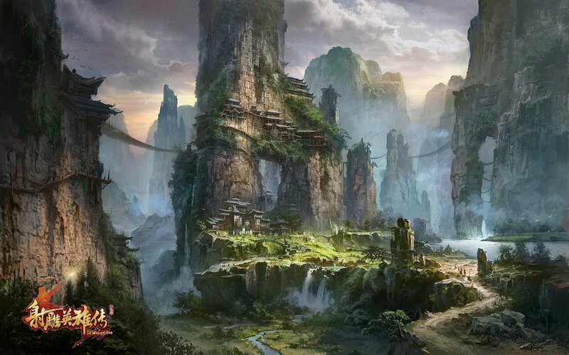 Cliffside Village — Green, Dramatic, Sunset