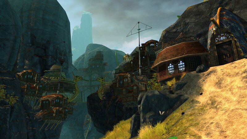 cliffside village in a fantasy world