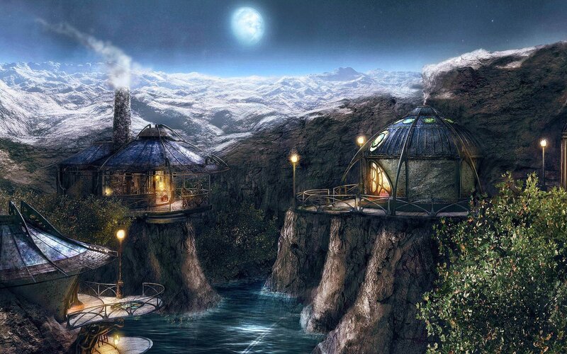 cliffside village under moonlight