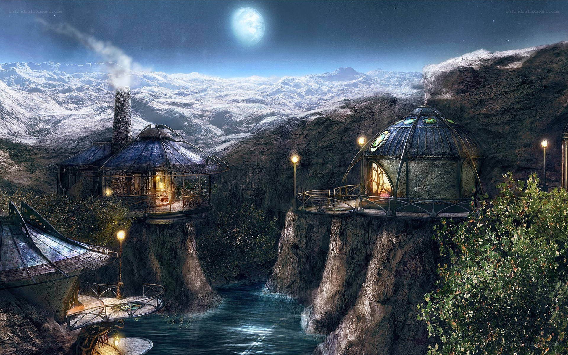 cliffside village under moonlight