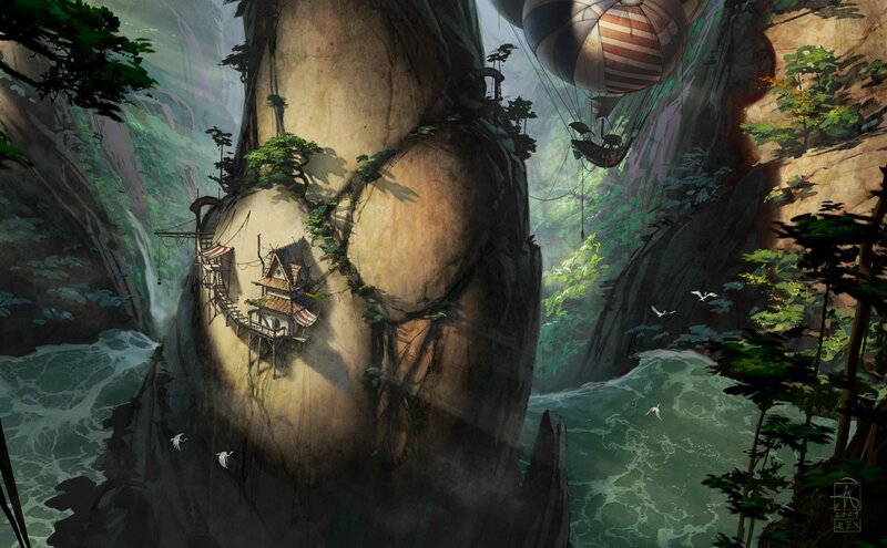 cliffside village with hot air balloon
