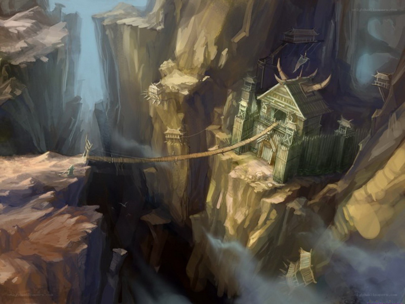 cliffside village with suspension bridge