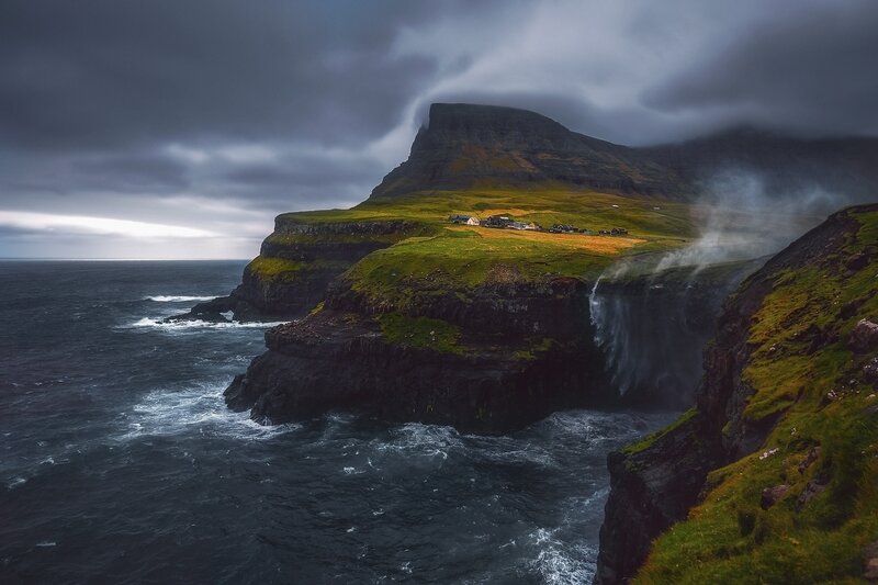 Cliffside Village with Waterfall — Green