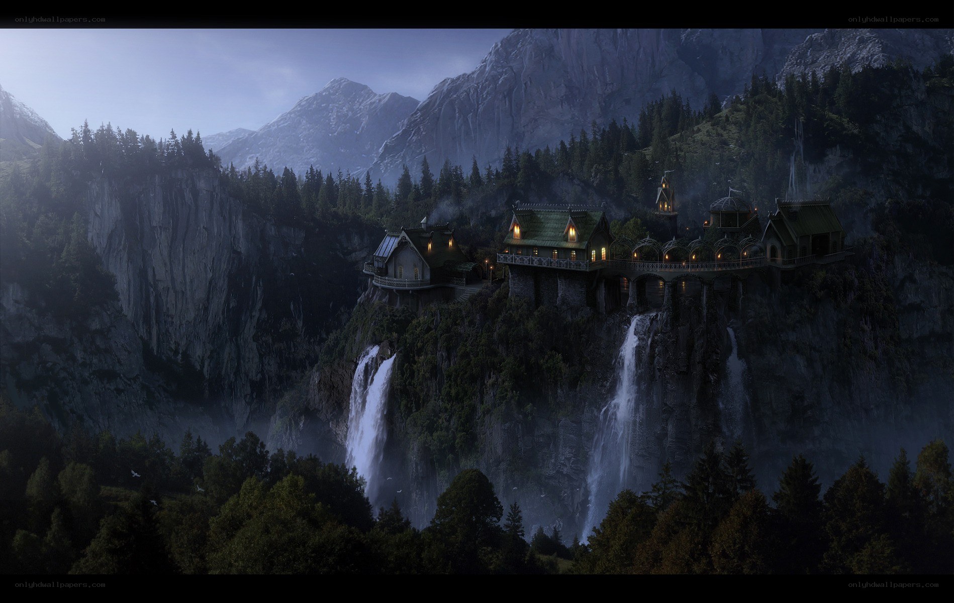 cliffside village with waterfalls