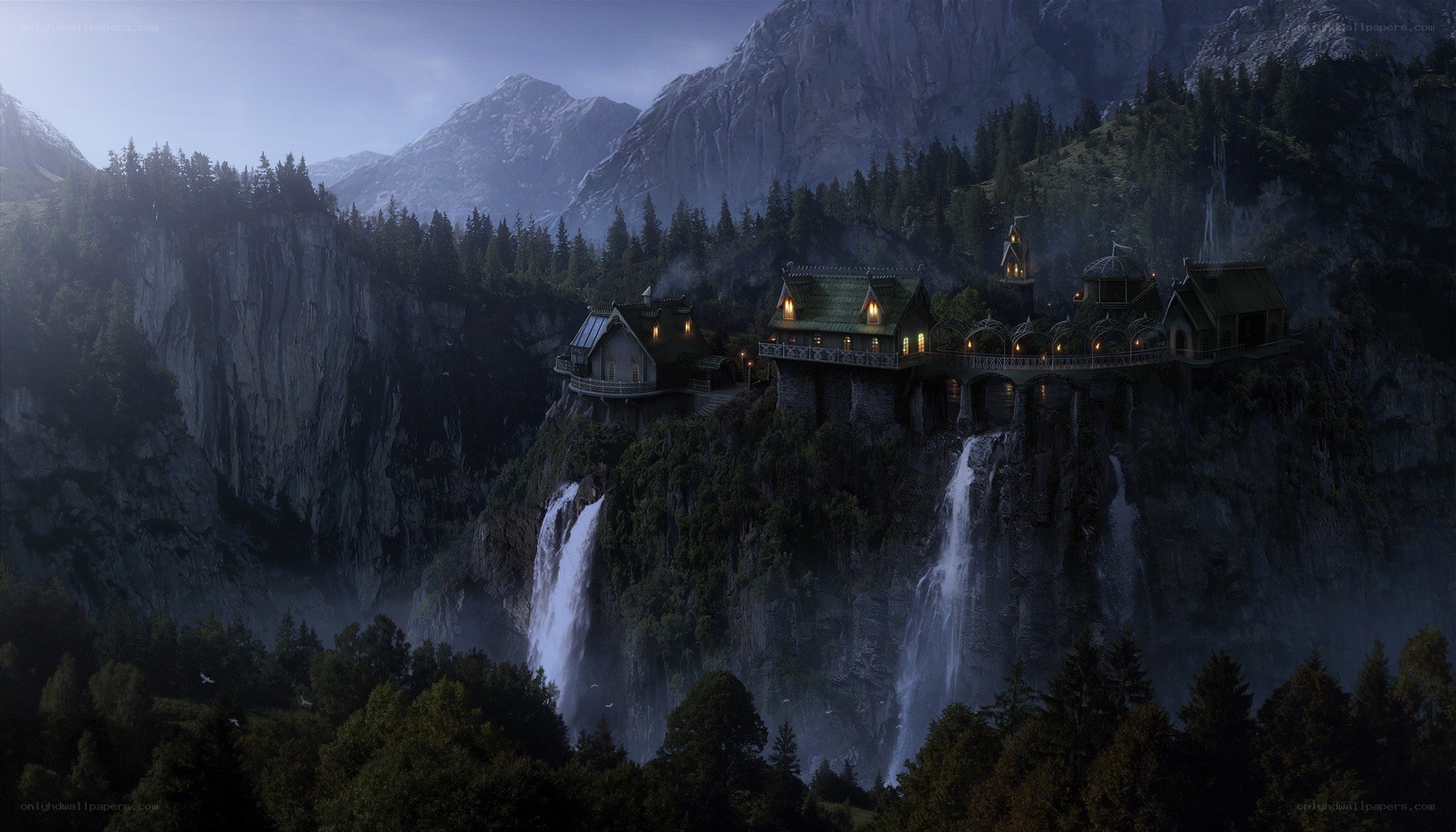 cliffside village with waterfalls