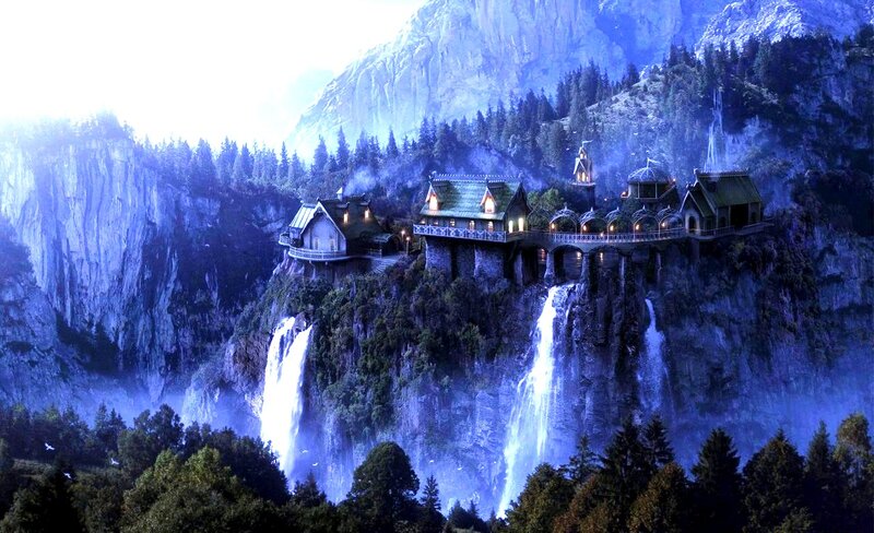 Cliffside Village with Waterfalls — Blue