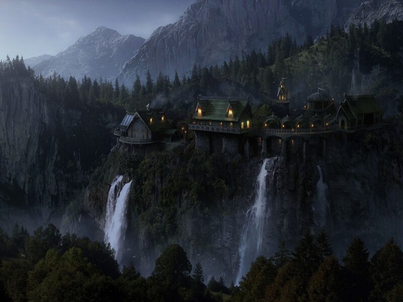 Cliffside Village with Waterfalls — Green, Dramatic