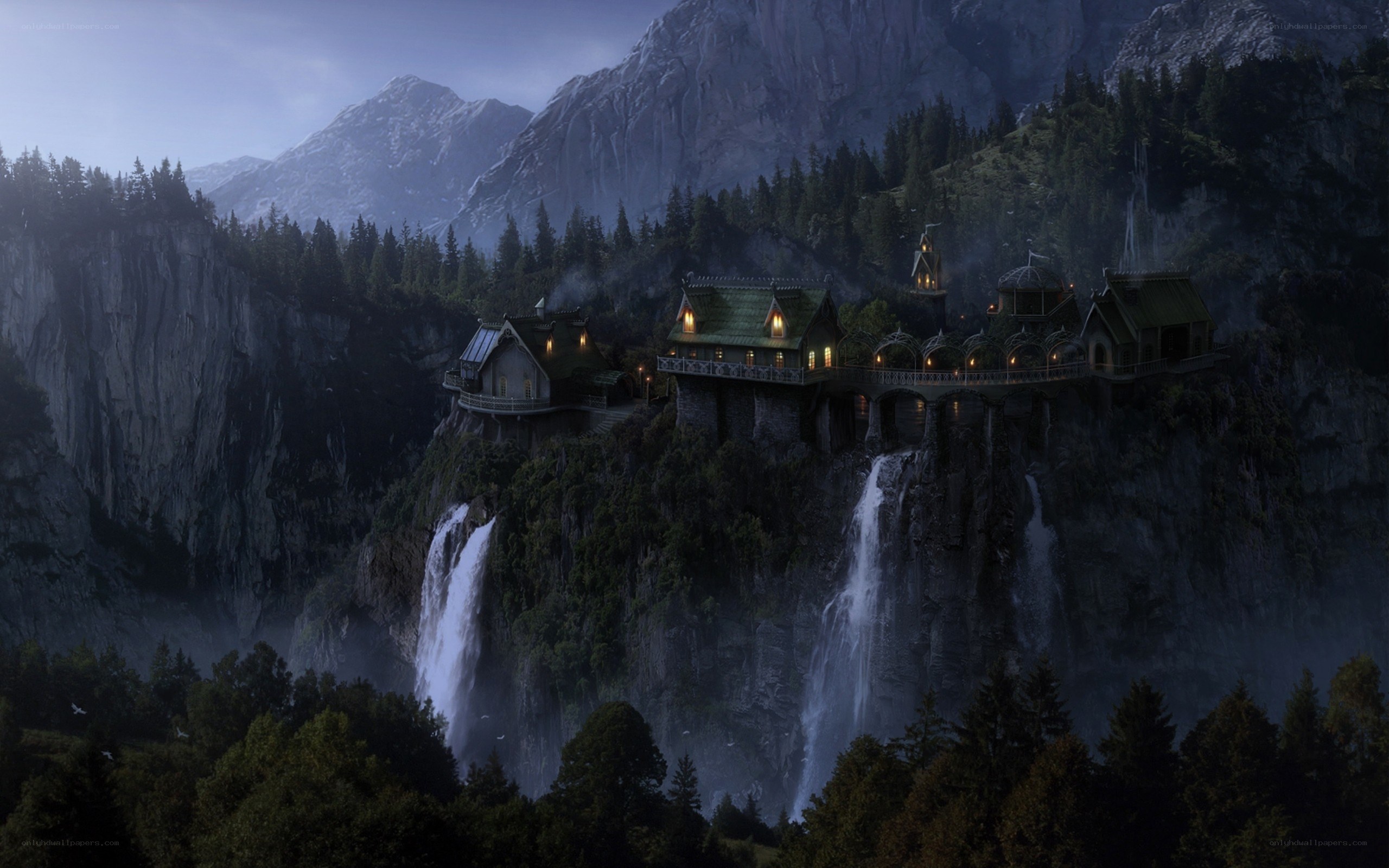 cliffside village with waterfalls