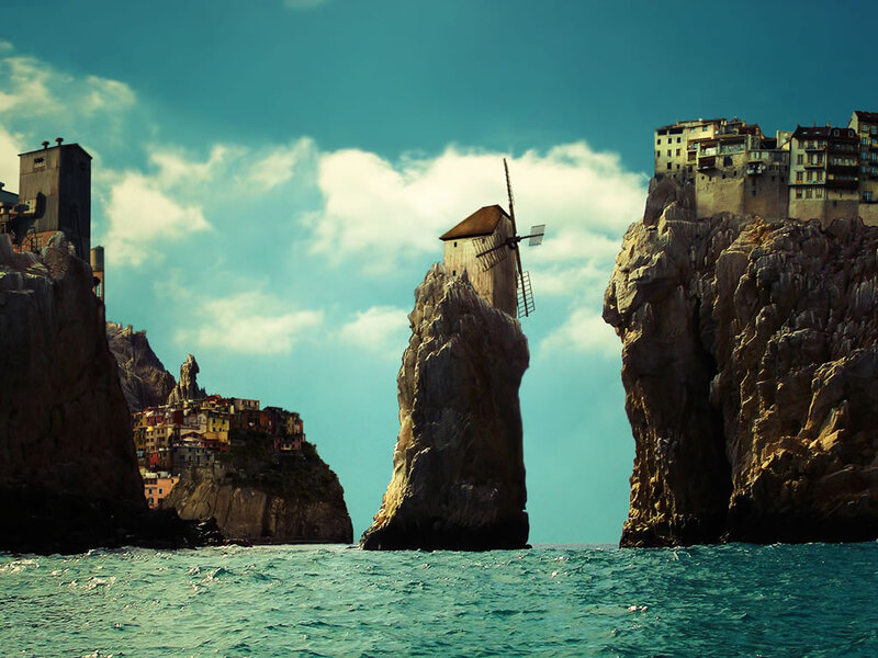 Cliffside Village with Windmill — Blue