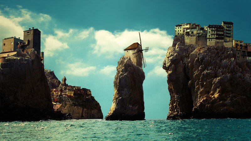 Cliffside Village with Windmill