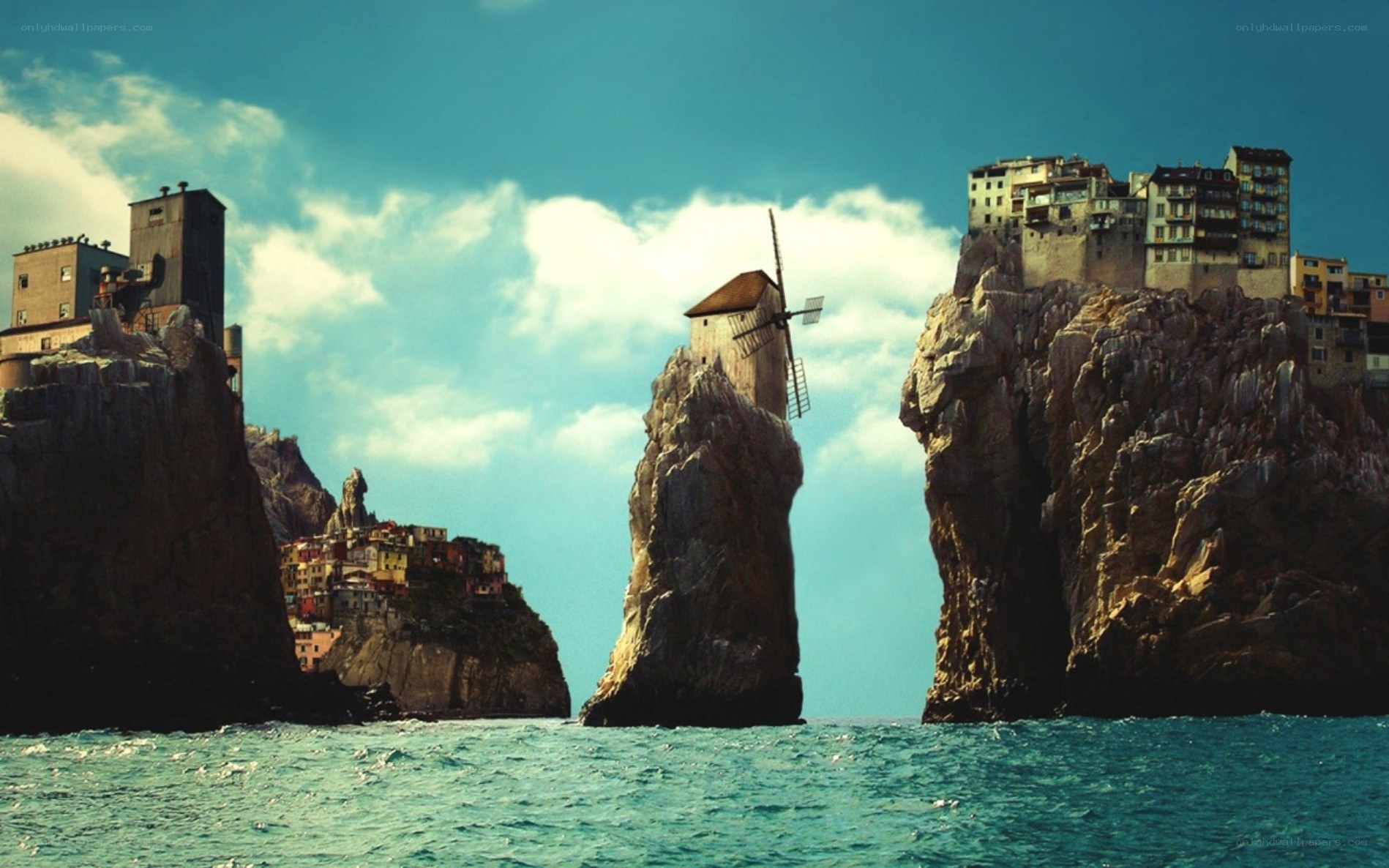 cliffside villages with windmill