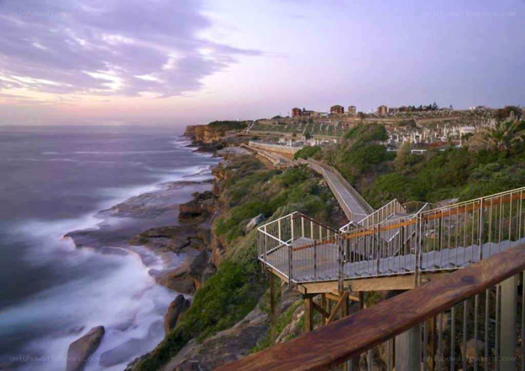cliffside walkway at dusk