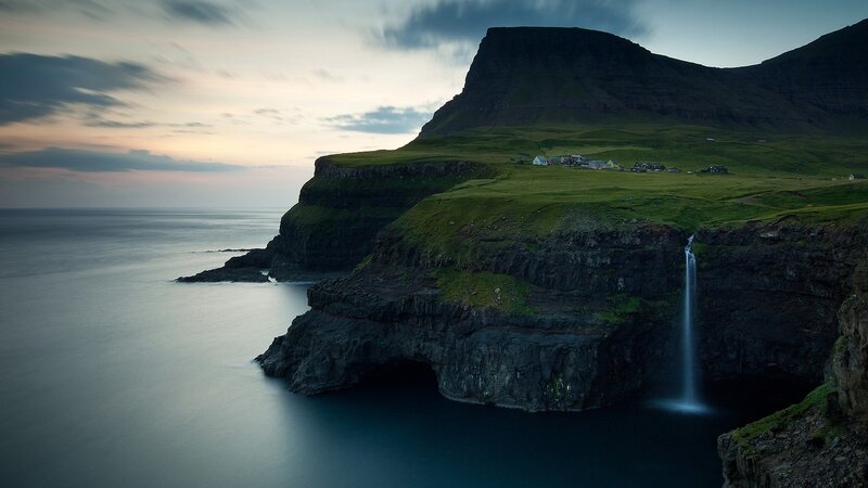 Cliffside Waterfall at Dusk — Green