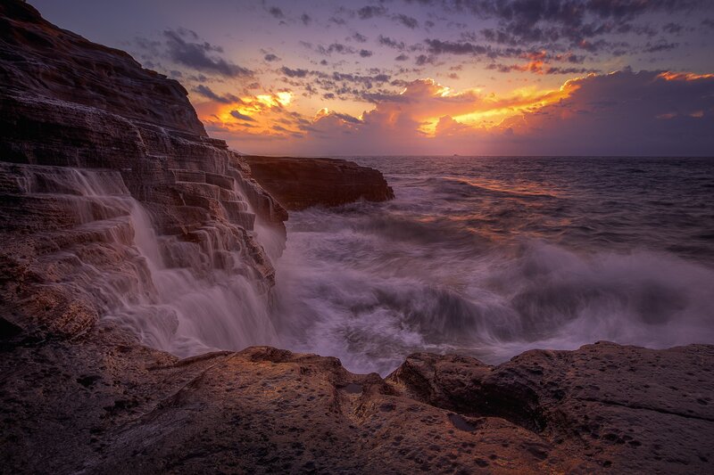 Cliffside Waterfall at Sunset — Purple