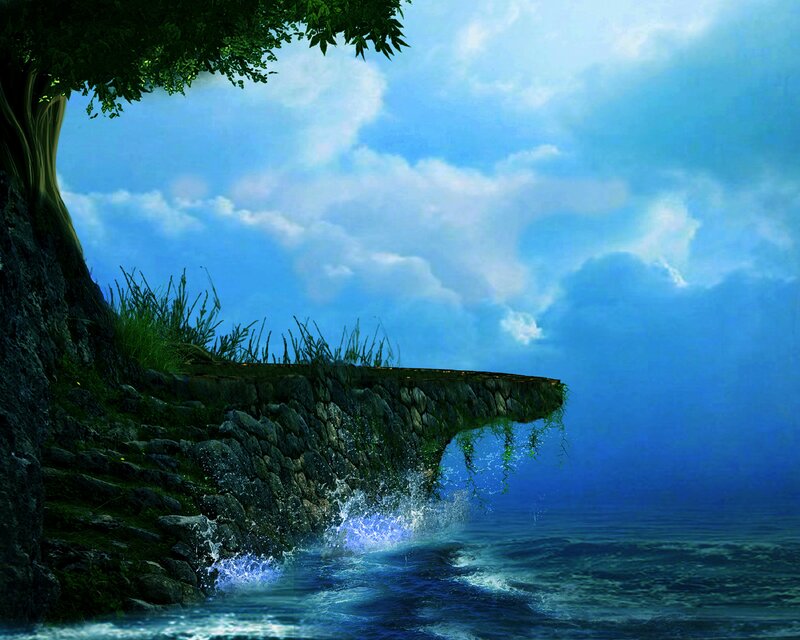 Cliffside Waterfall — Blue, Serene, Afternoon, Digital Art