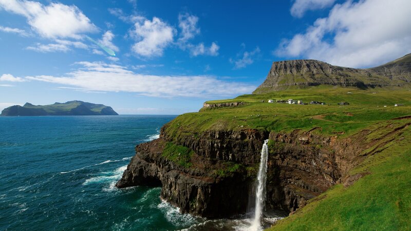 Cliffside Waterfall — Blue, Serene, Afternoon, Photograph