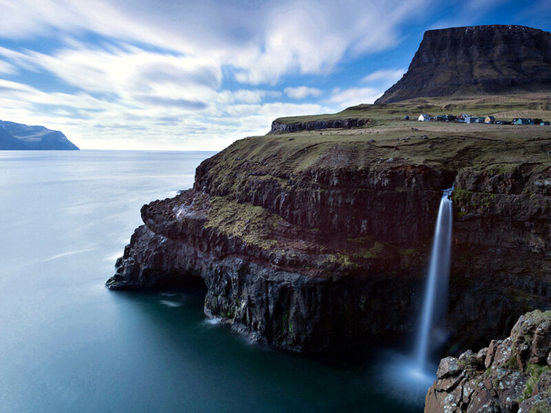 Cliffside Waterfall — Blue, Serene, Afternoon