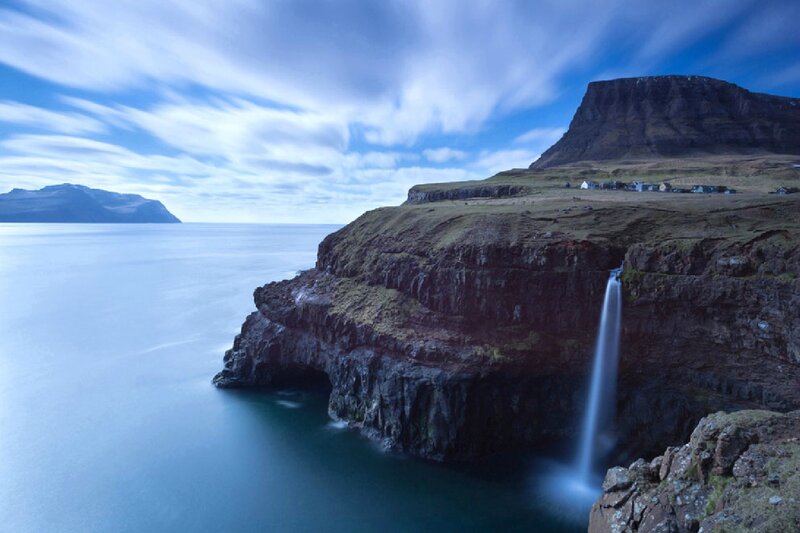 Cliffside Waterfall — Blue, Serene