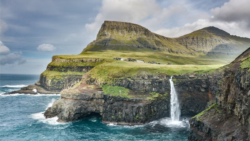 Cliffside Waterfall — Green, Dramatic, Afternoon, Photograph, Mountain, Ocean