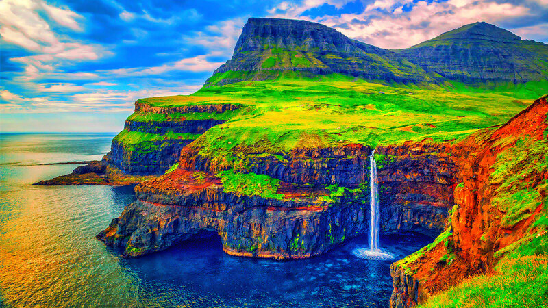 Cliffside Waterfall — Green, Dramatic, Afternoon, Photograph