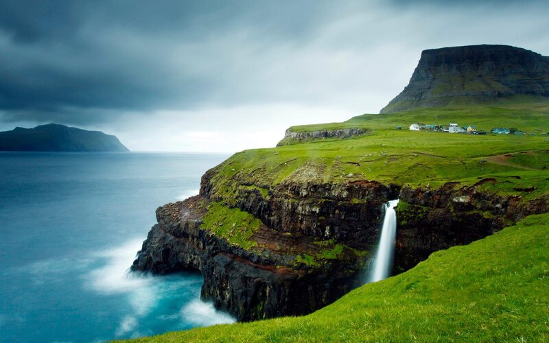 Cliffside Waterfall — Green, Dramatic, Photograph, Ocean, Mountain