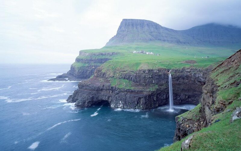 Cliffside Waterfall — Green, Dramatic, Photograph, Ocean