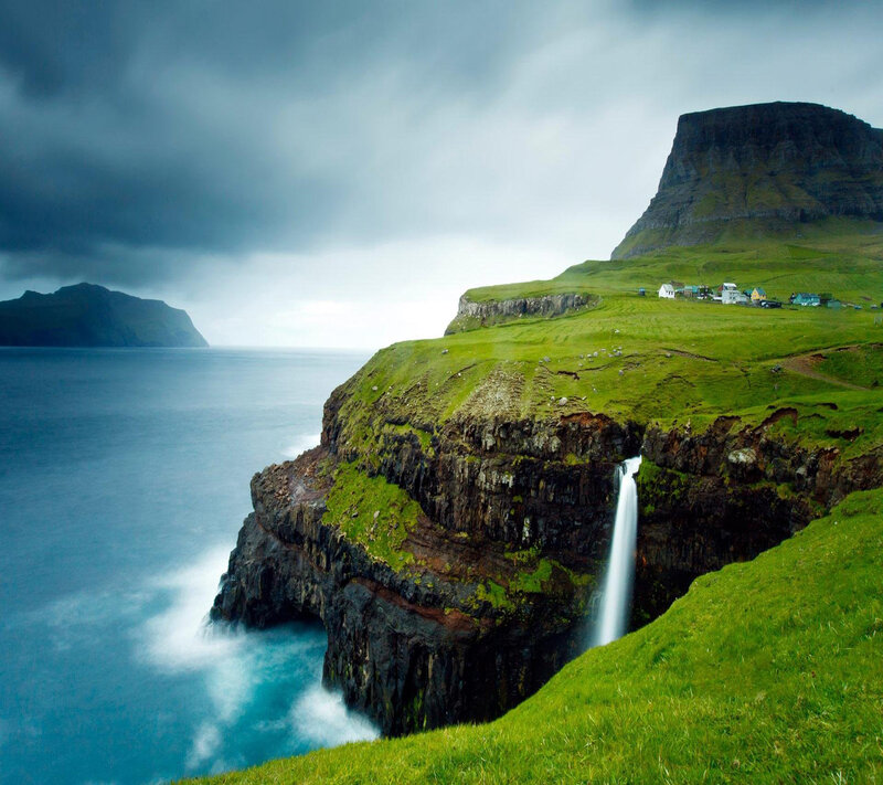 Cliffside Waterfall — Green, Dramatic, Photograph, Ocean, Village
