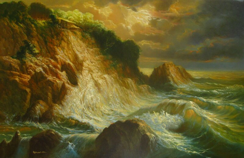 Cliffside Waterfall — Green, Dramatic, Sunset