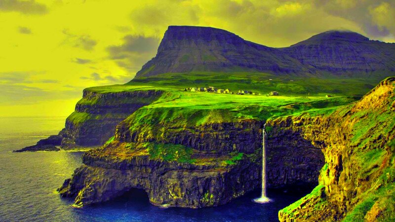 Cliffside Waterfall — Green, Dramatic