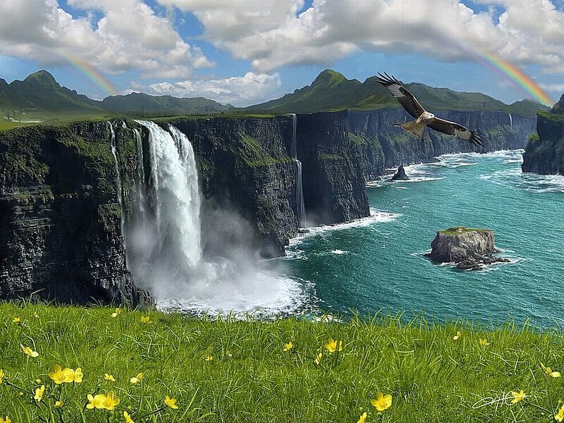 Cliffside Waterfall — Green, Serene