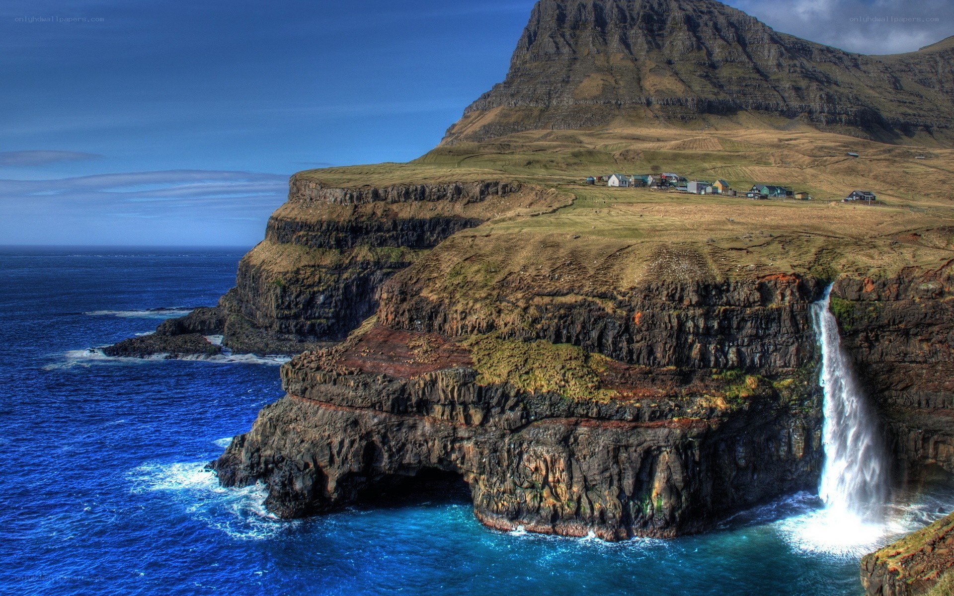 cliffside waterfall in faroe islands
