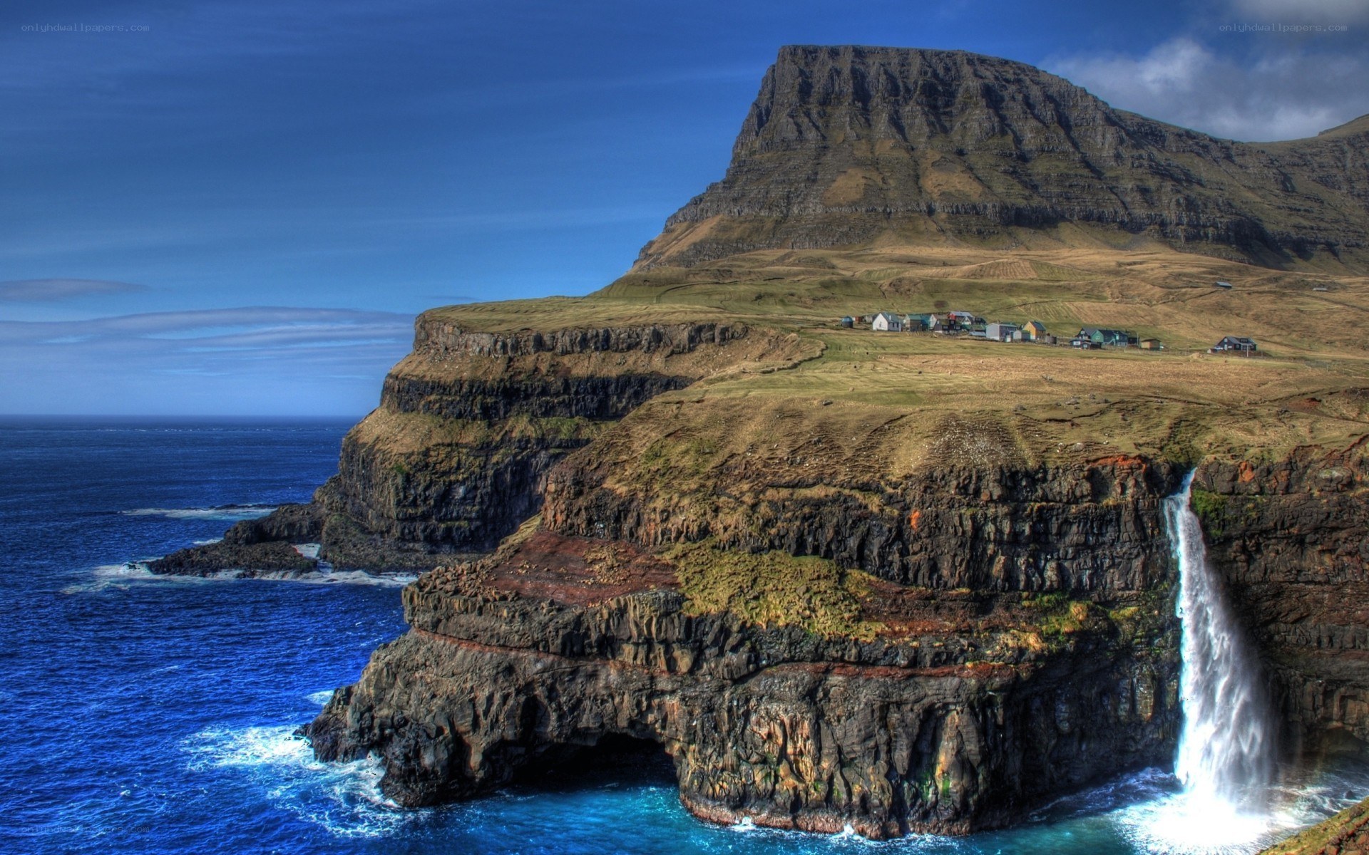 cliffside waterfall in faroe islands