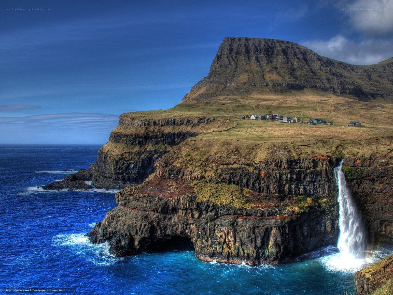 cliffside waterfall in faroe islands