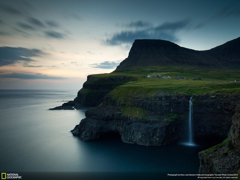Cliffside Waterfall Village — Green, Serene