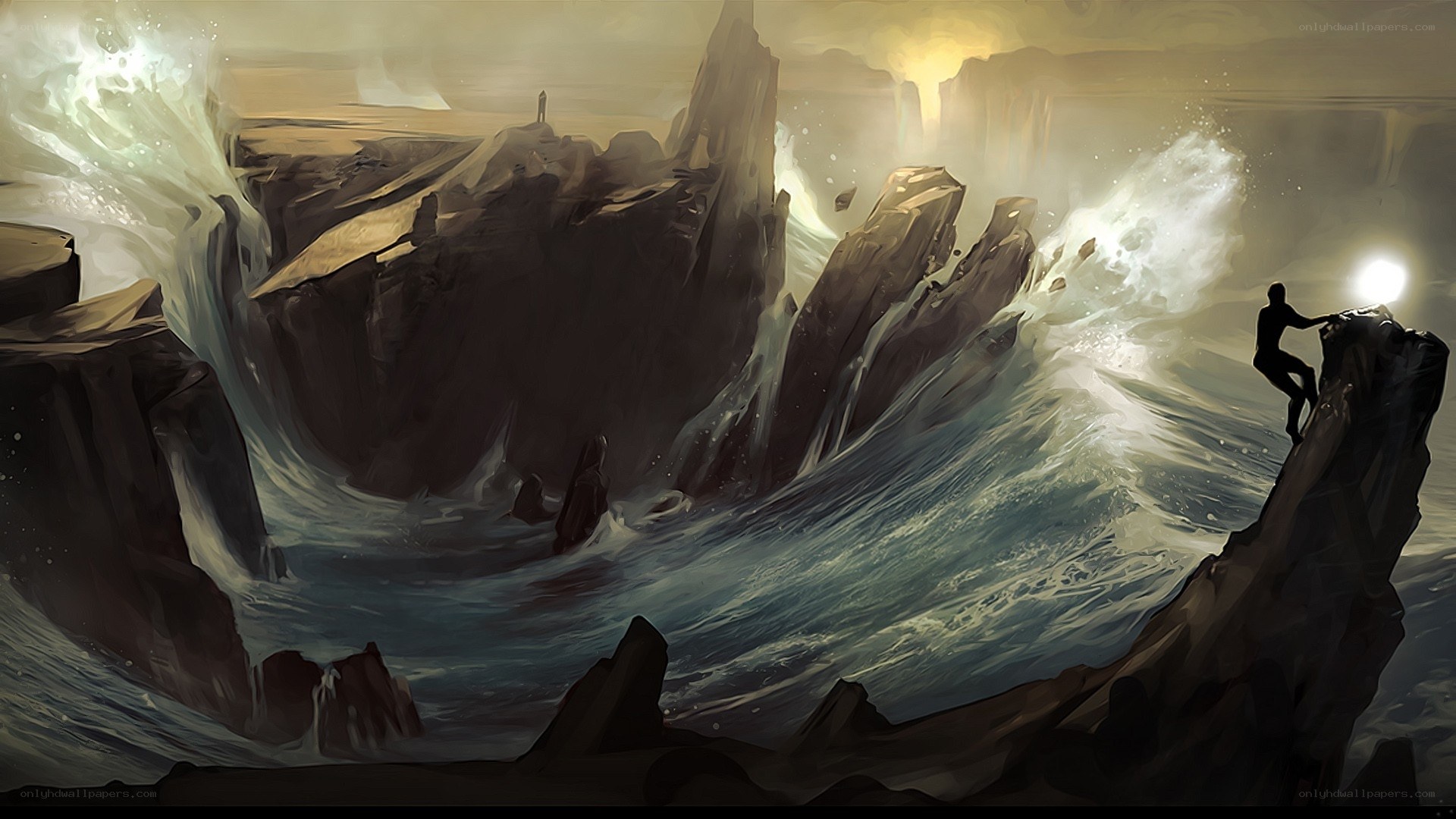 Climber on a stormy cliff
