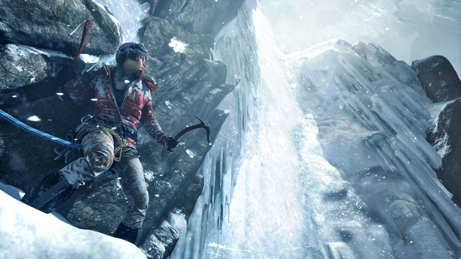 climber on icy cliff