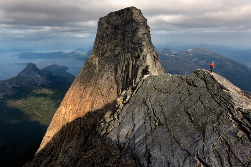 Climber on Mountain Peak — Gray, Dramatic