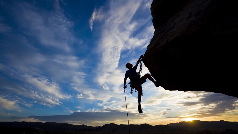 Climber on Rock Face — Blue, Dramatic, Sunset, Photograph, Sky