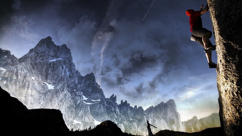 Climber on Rock Face — Gray, Dramatic, Night, Photograph