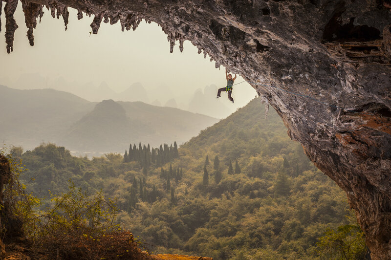 Climber on Rock Face — Green, Dramatic