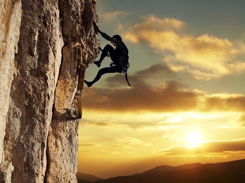 Climber on Rock Face — Yellow, Dramatic, Sunset