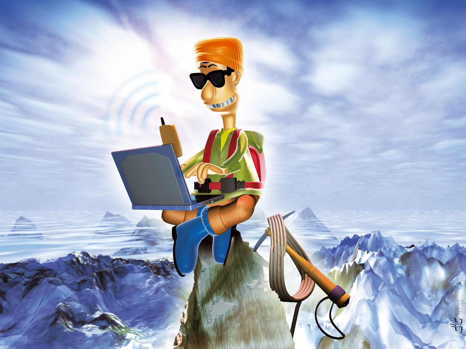 climber with laptop on mountain