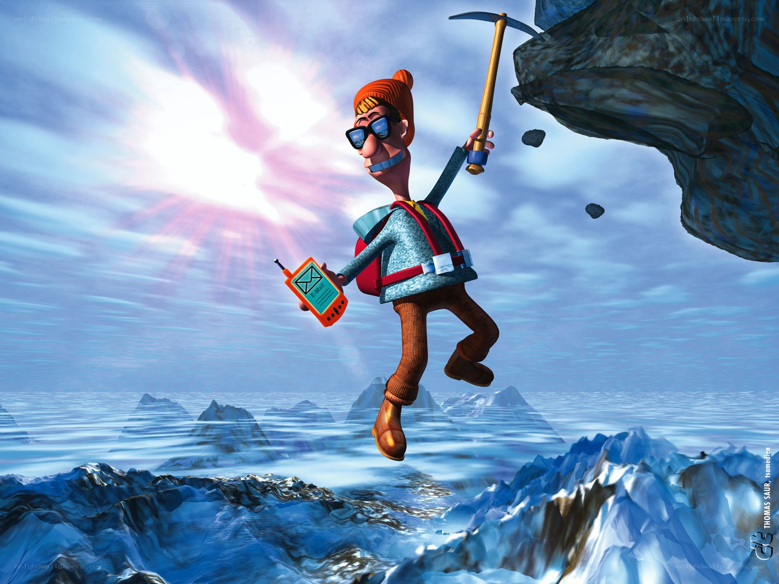 climber with phone and pickaxe
