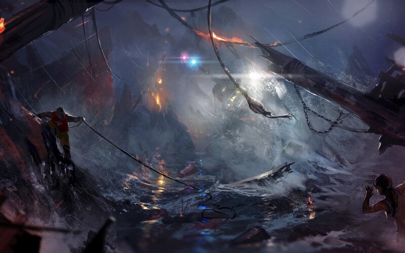 Climbers in a stormy canyon