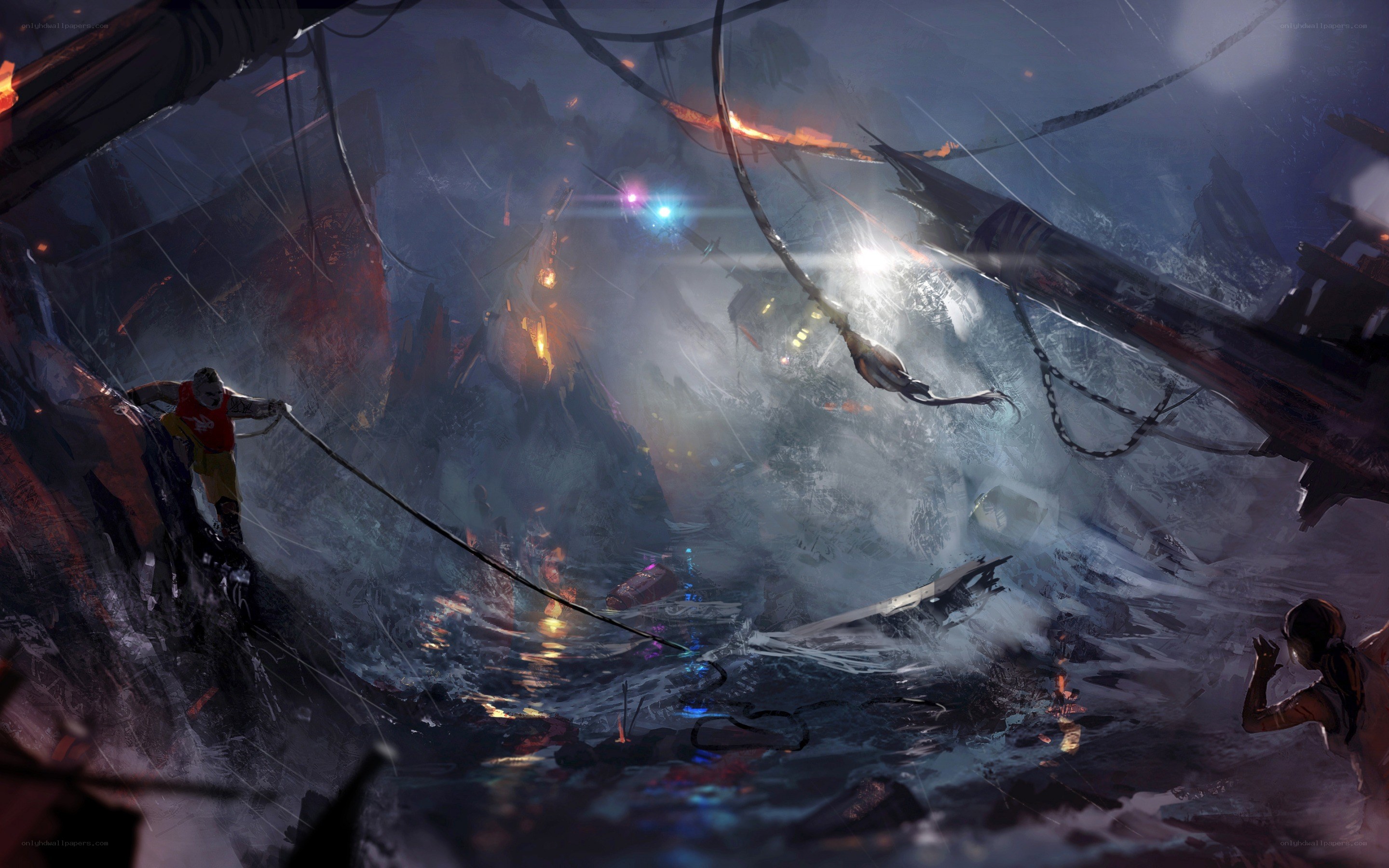 Climbers in a stormy canyon